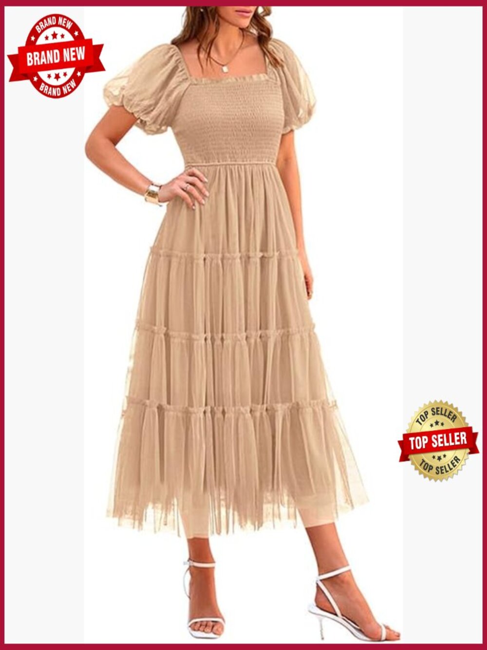 Smocked Midi Tulle Dress with Puffy Short Sleeves Square Neck Flowy Tiered